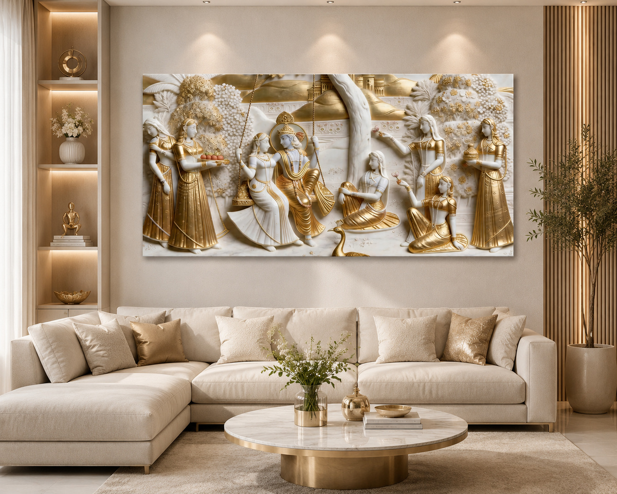 Divine Lord Krishna and Radha Jhula Leela 3D Wall Decor Premium Canvas Painting for Modern Home