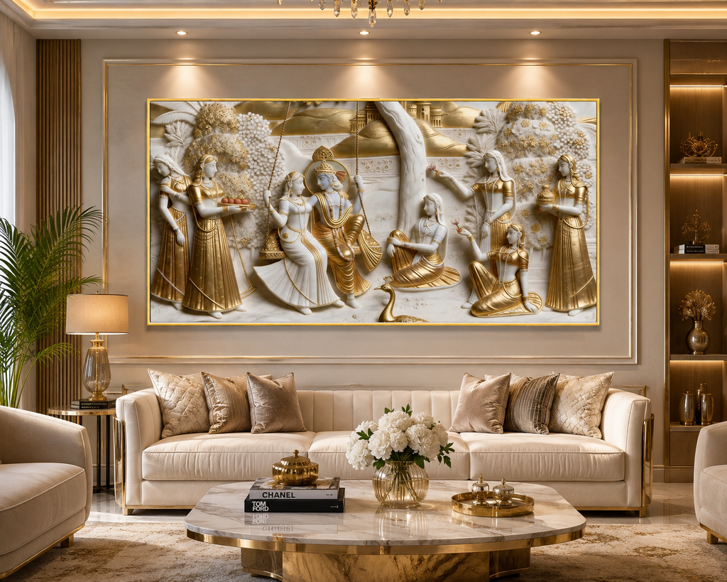 Divine Lord Krishna and Radha Jhula Leela 3D Wall Decor Premium Canvas Painting for Modern Home