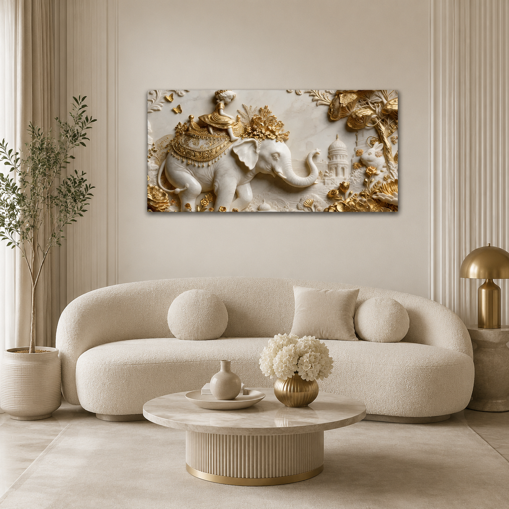 Royal Elephant Wall Art Featuring Golden Accents for Modern Living Room Decor