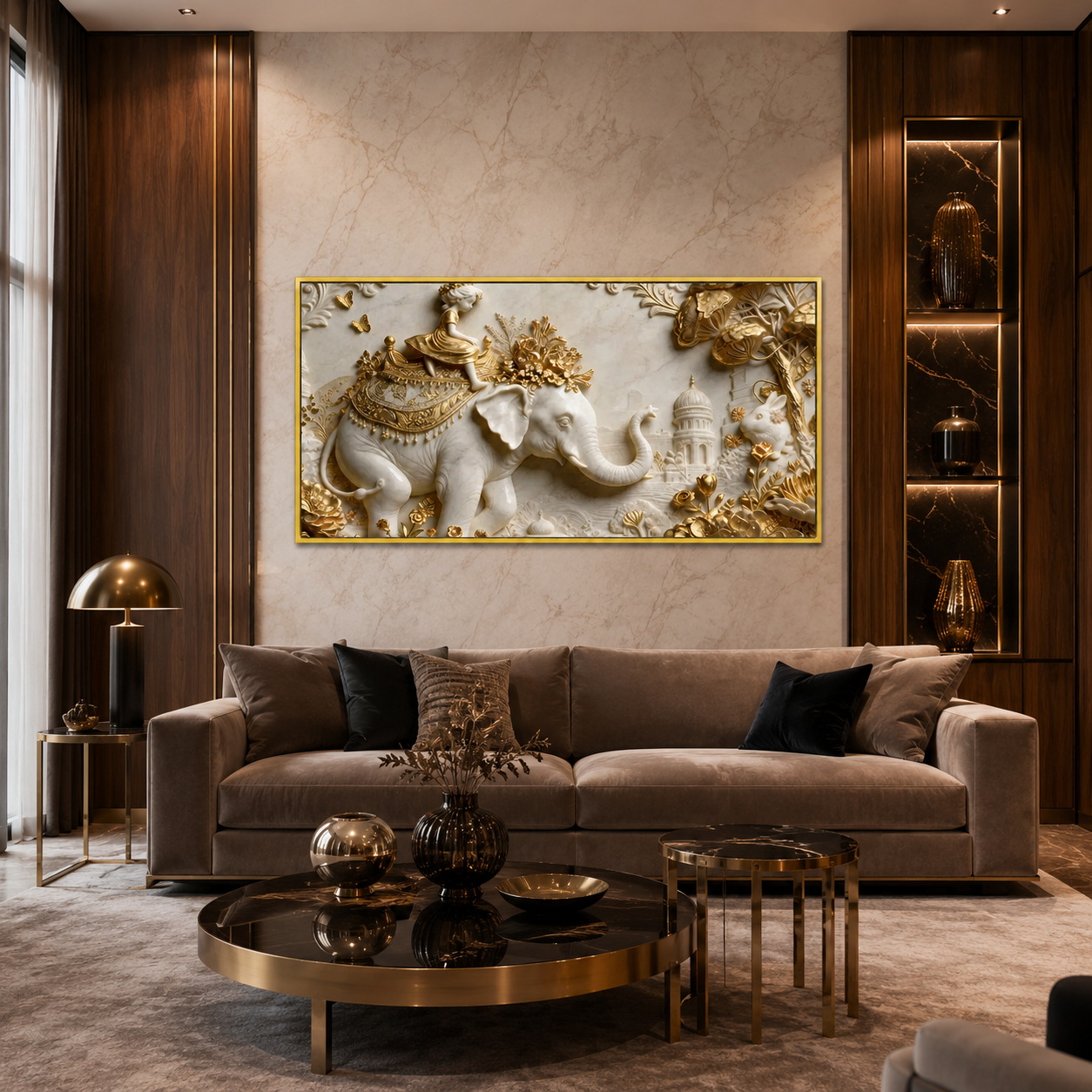 Royal Elephant Wall Art Featuring Golden Accents for Modern Living Room Decor