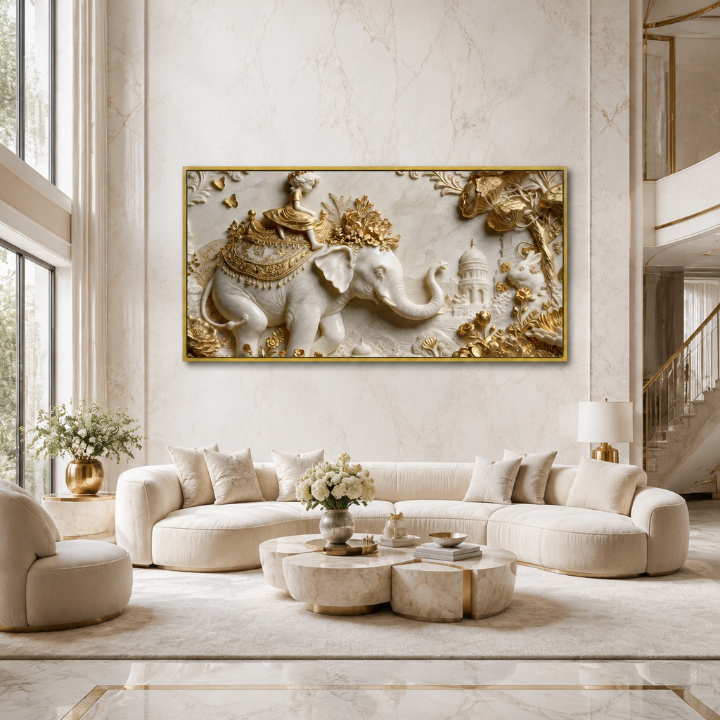 Royal Elephant Wall Art Featuring Golden Accents for Modern Living Room Decor