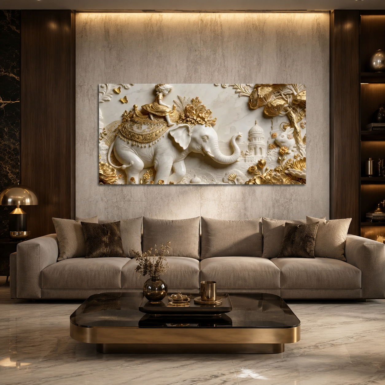 Royal Elephant Wall Art Featuring Golden Accents for Modern Living Room Decor