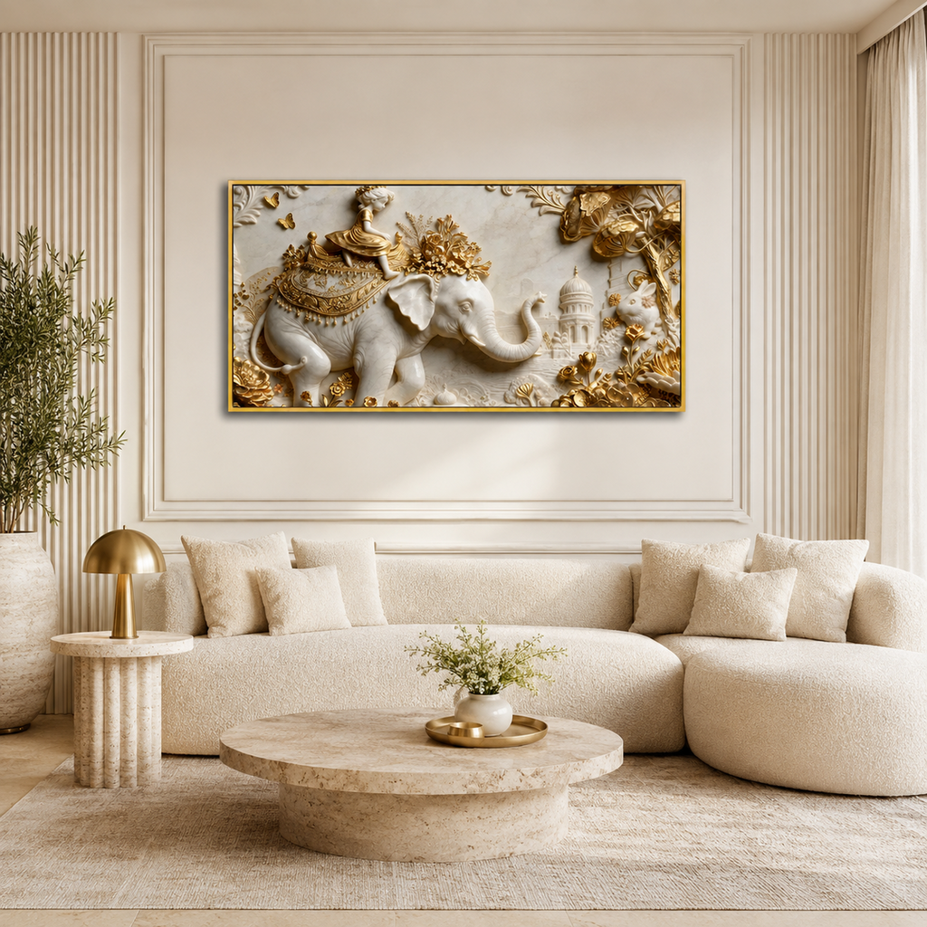 Royal Elephant Wall Art Featuring Golden Accents for Modern Living Room Decor