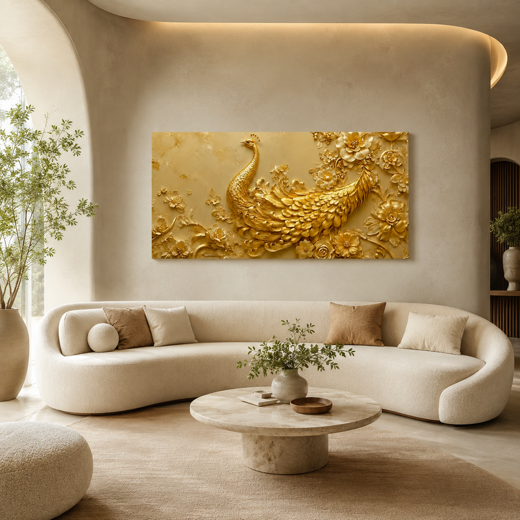Artistic 3D Golden Peacock Embossed Canvas Frame Wall Decor Art