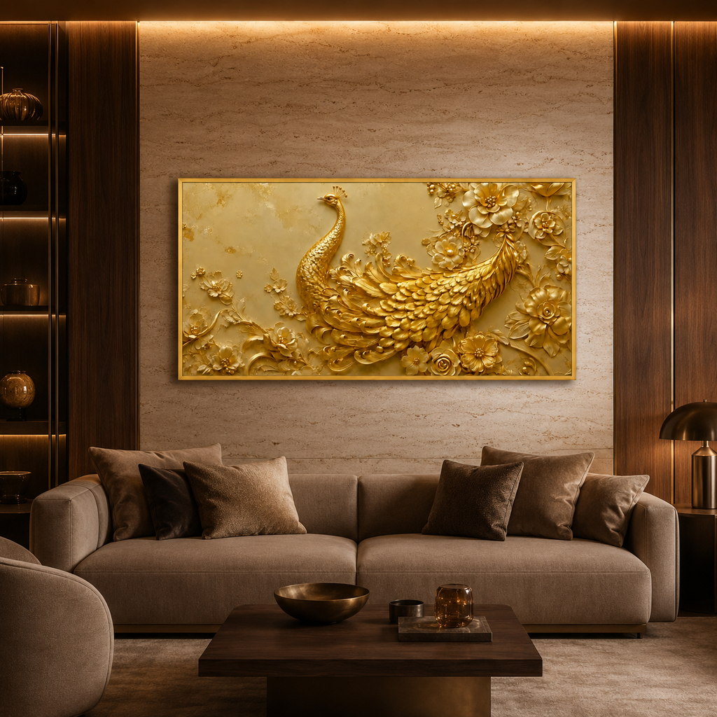 Artistic 3D Golden Peacock Embossed Canvas Frame Wall Decor Art