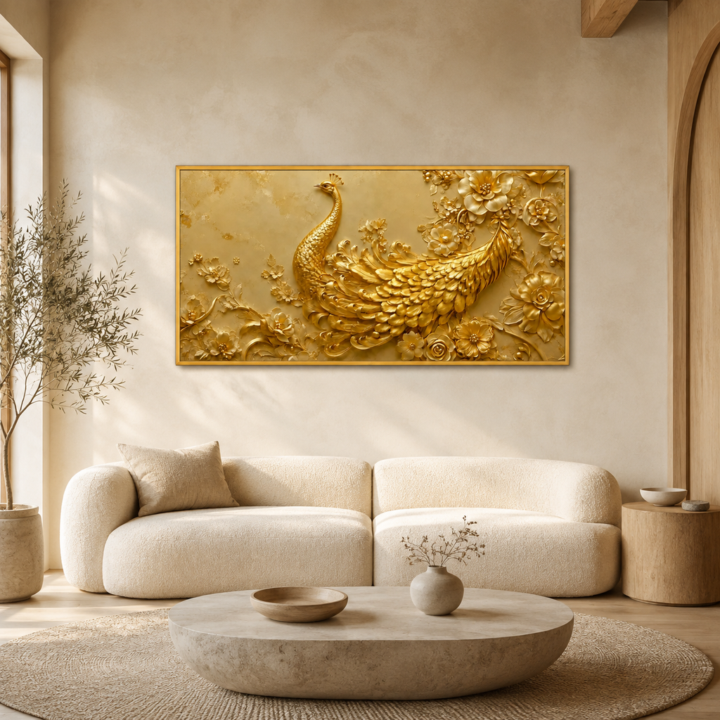 Artistic 3D Golden Peacock Embossed Canvas Frame Wall Decor Art