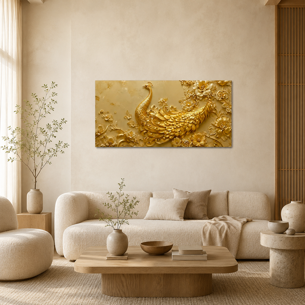 Artistic 3D Golden Peacock Embossed Canvas Frame Wall Decor Art