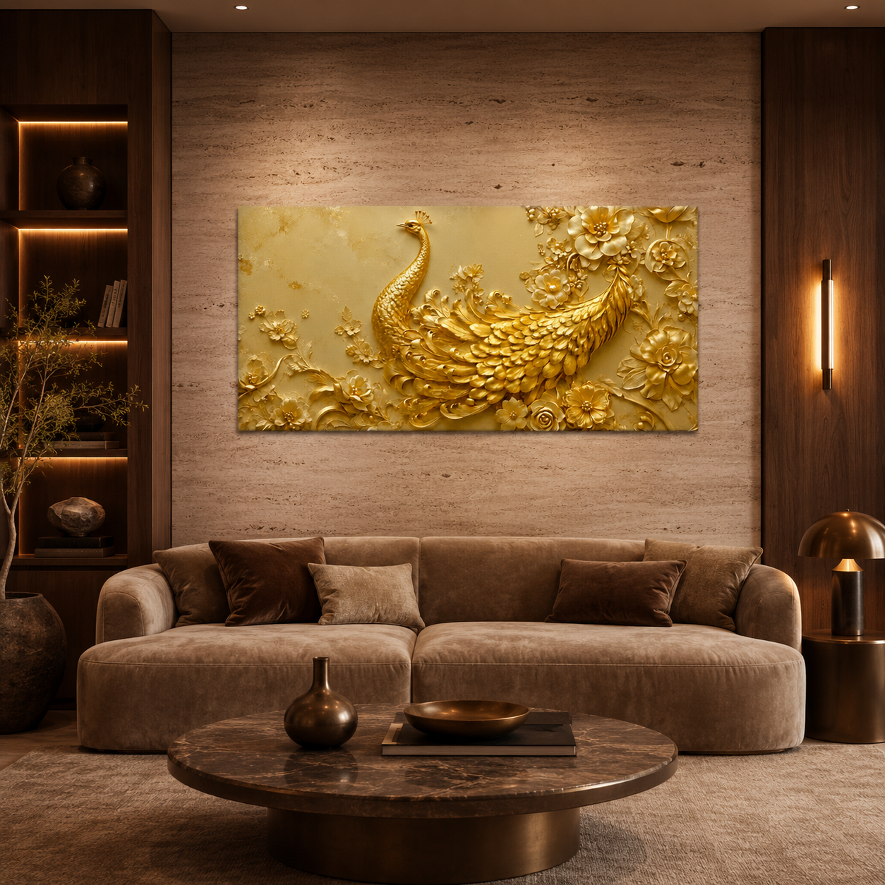 Artistic 3D Golden Peacock Embossed Canvas Frame Wall Decor Art