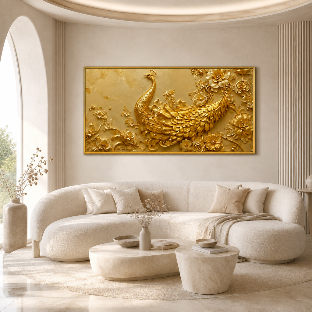 Artistic 3D Golden Peacock Embossed Canvas Frame Wall Decor Art