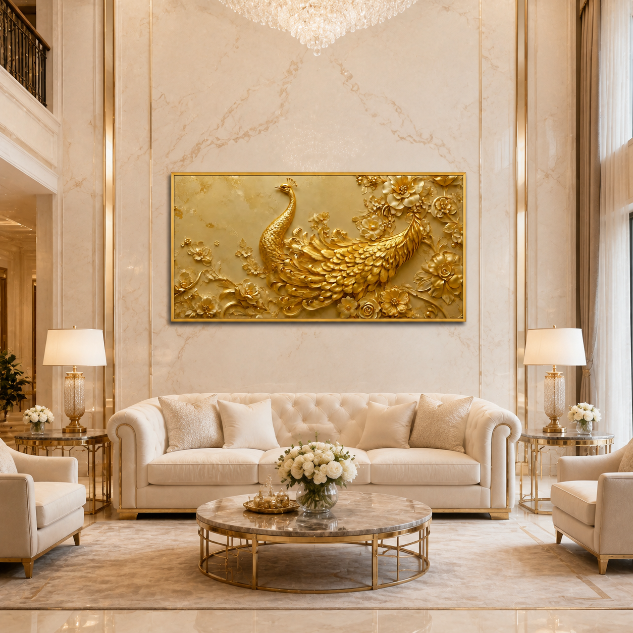 Artistic 3D Golden Peacock Embossed Canvas Frame Wall Decor Art