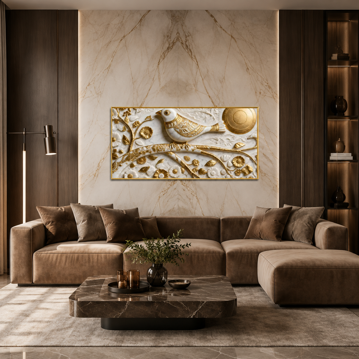 3D Wall Art with White Bird and Golden Sun Motif for Bedroom Canvas Painting