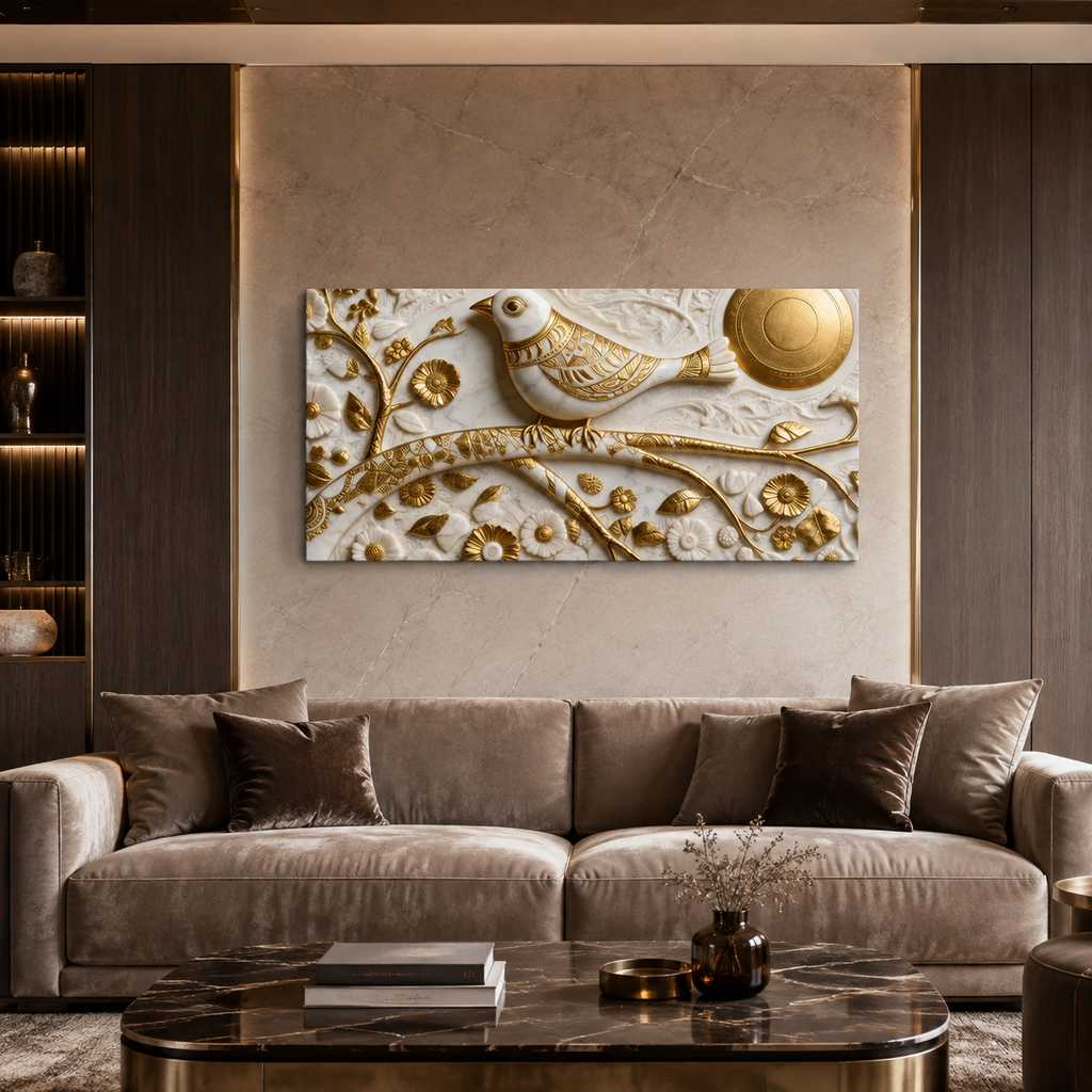 3D Wall Art with White Bird and Golden Sun Motif for Bedroom Canvas Painting