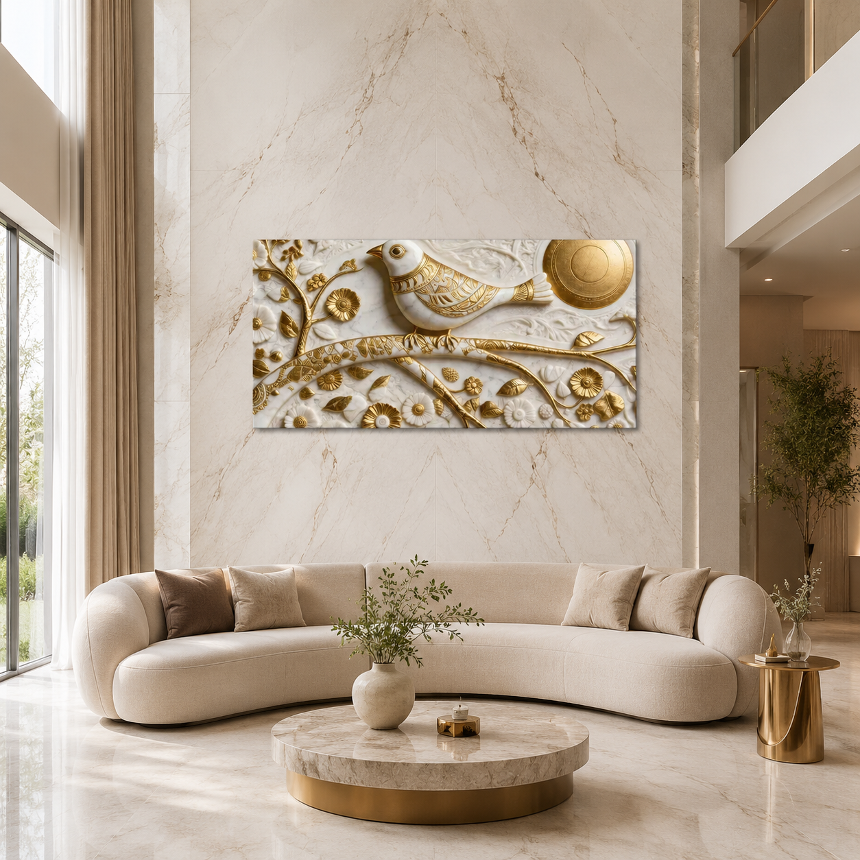 3D Wall Art with White Bird and Golden Sun Motif for Bedroom Canvas Painting