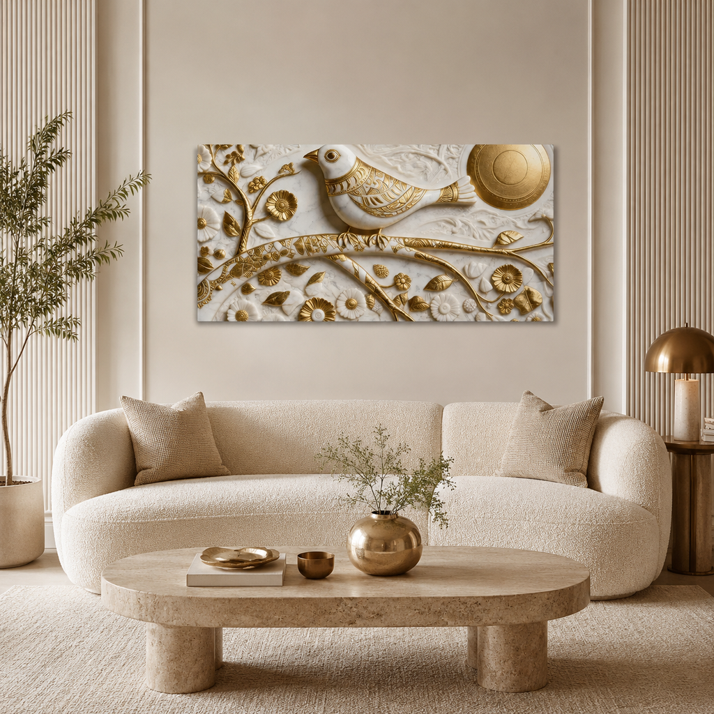3D Wall Art with White Bird and Golden Sun Motif for Bedroom Canvas Painting