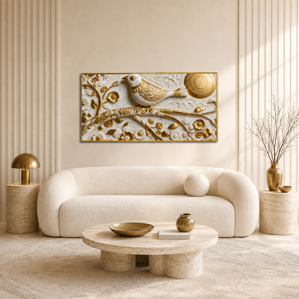 3D Wall Art with White Bird and Golden Sun Motif for Bedroom Canvas Painting