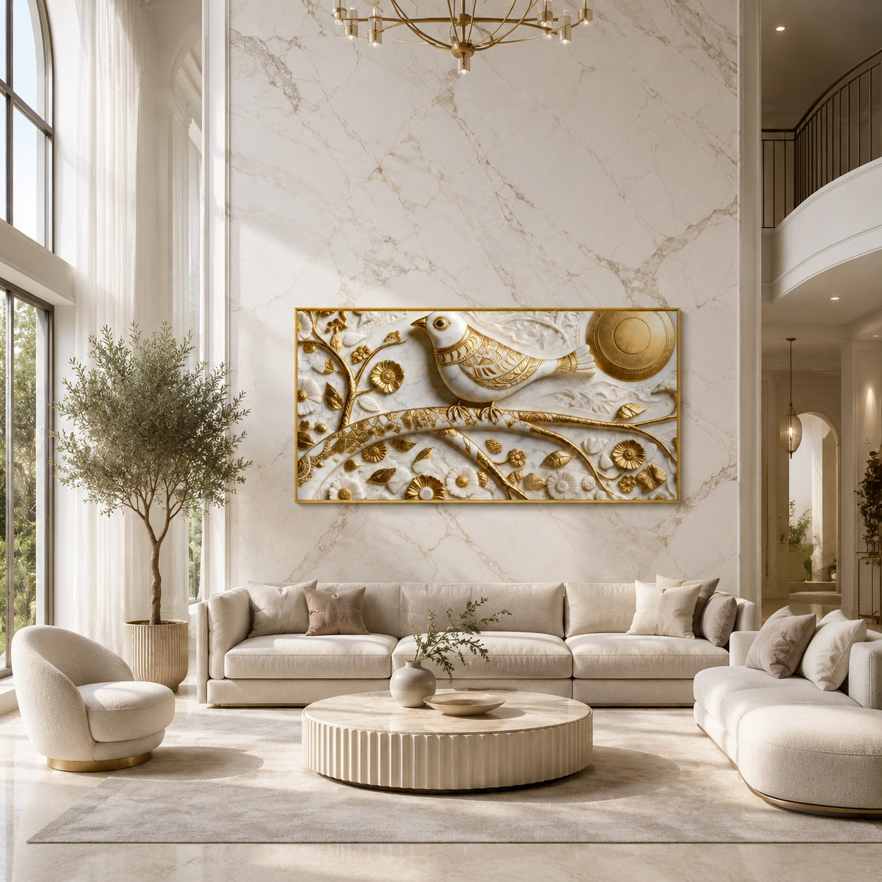 3D Wall Art with White Bird and Golden Sun Motif for Bedroom Canvas Painting