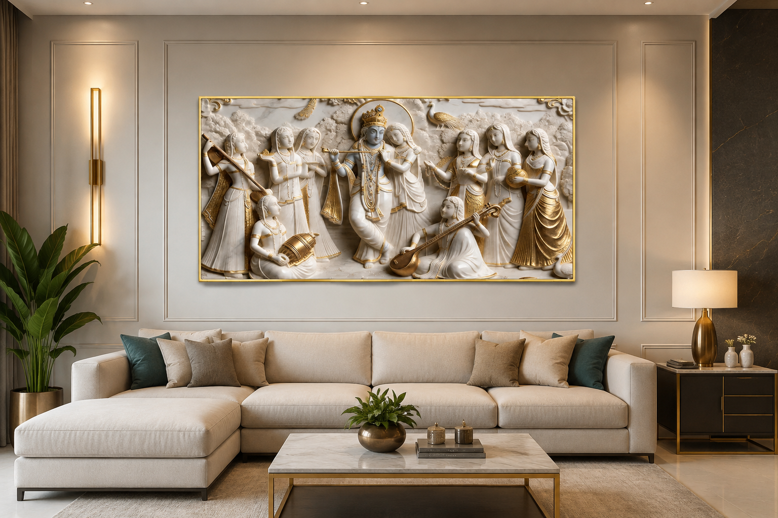 Lord Krishna Flute Playing with Radha and Gopis Raas Leela Wall Art Modern Artwork for Luxury Living Room