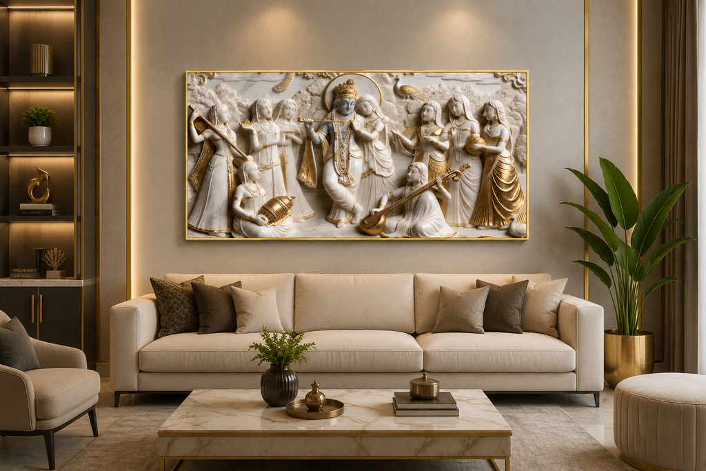Lord Krishna Flute Playing with Radha and Gopis Raas Leela Wall Art Modern Artwork for Luxury Living Room
