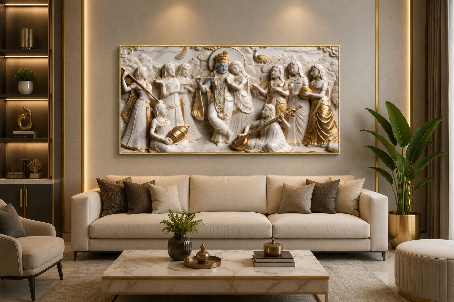 Lord Krishna Flute Playing with Radha and Gopis Raas Leela Wall Art Modern Artwork for Luxury Living Room