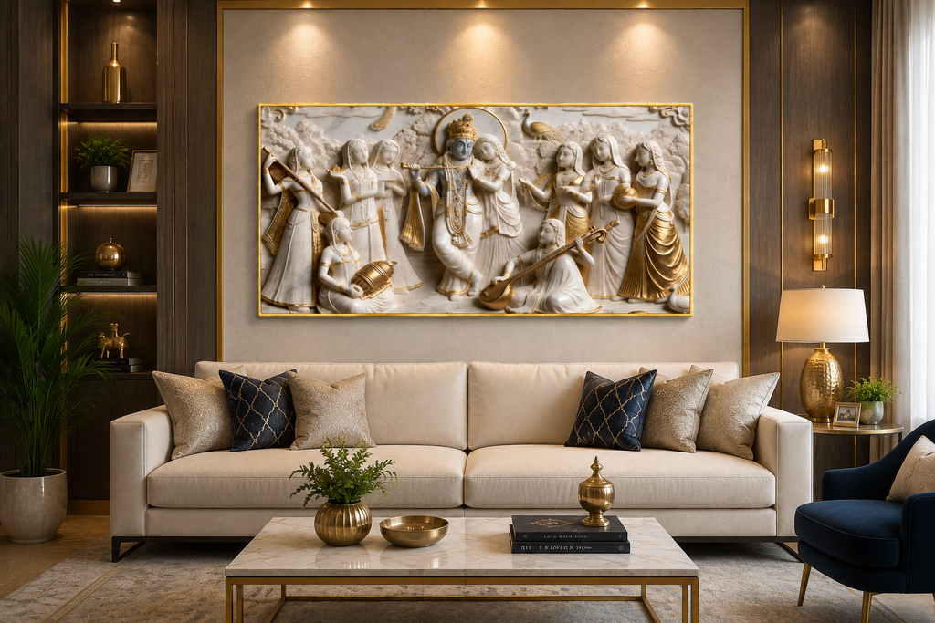 Lord Krishna Flute Playing with Radha and Gopis Raas Leela Wall Art Modern Artwork for Luxury Living Room
