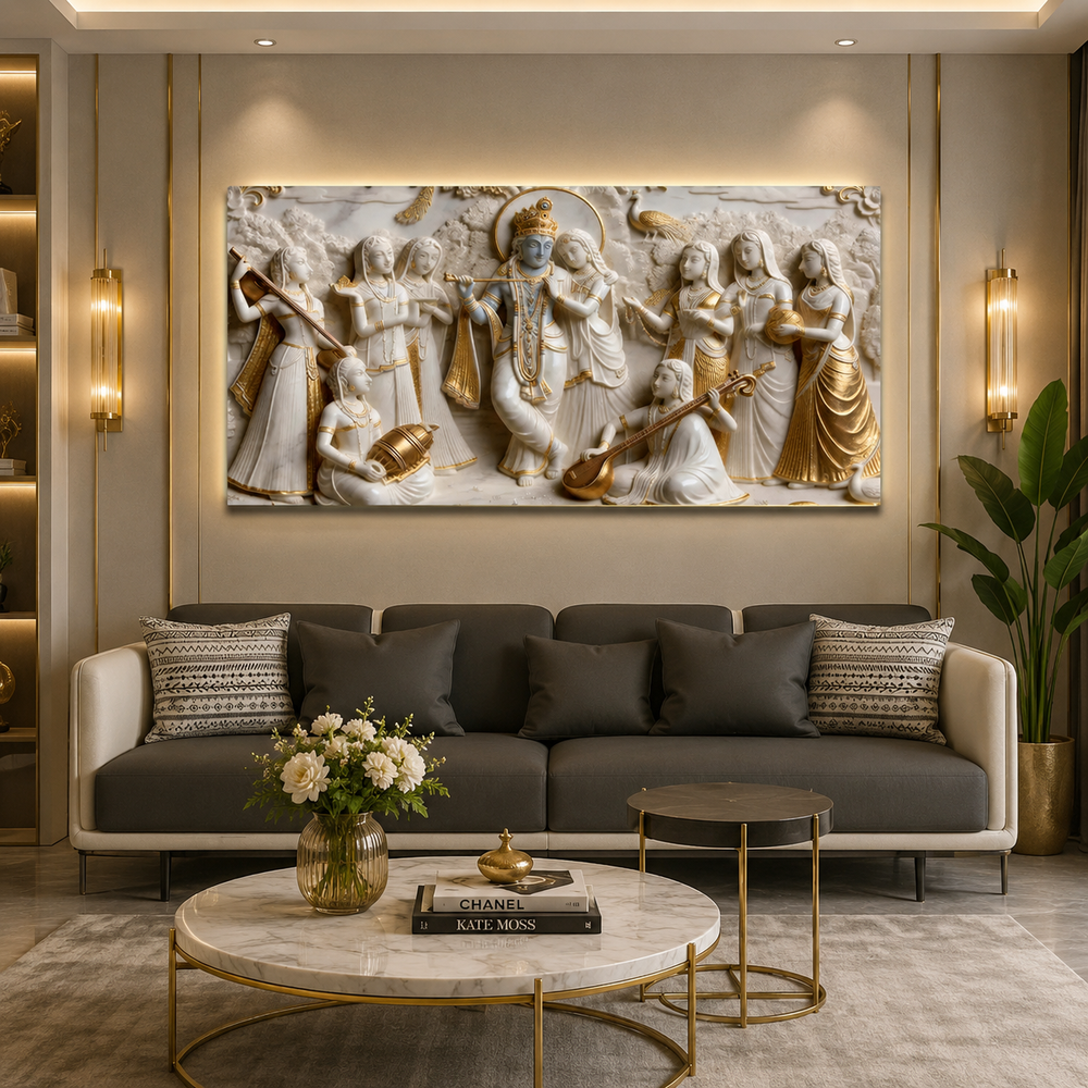 Lord Krishna Flute Playing with Radha and Gopis Raas Leela Wall Art Modern Artwork for Luxury Living Room