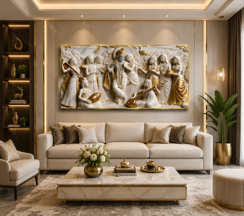 Lord Krishna Flute Playing with Radha and Gopis Raas Leela Wall Art Modern Artwork for Luxury Living Room