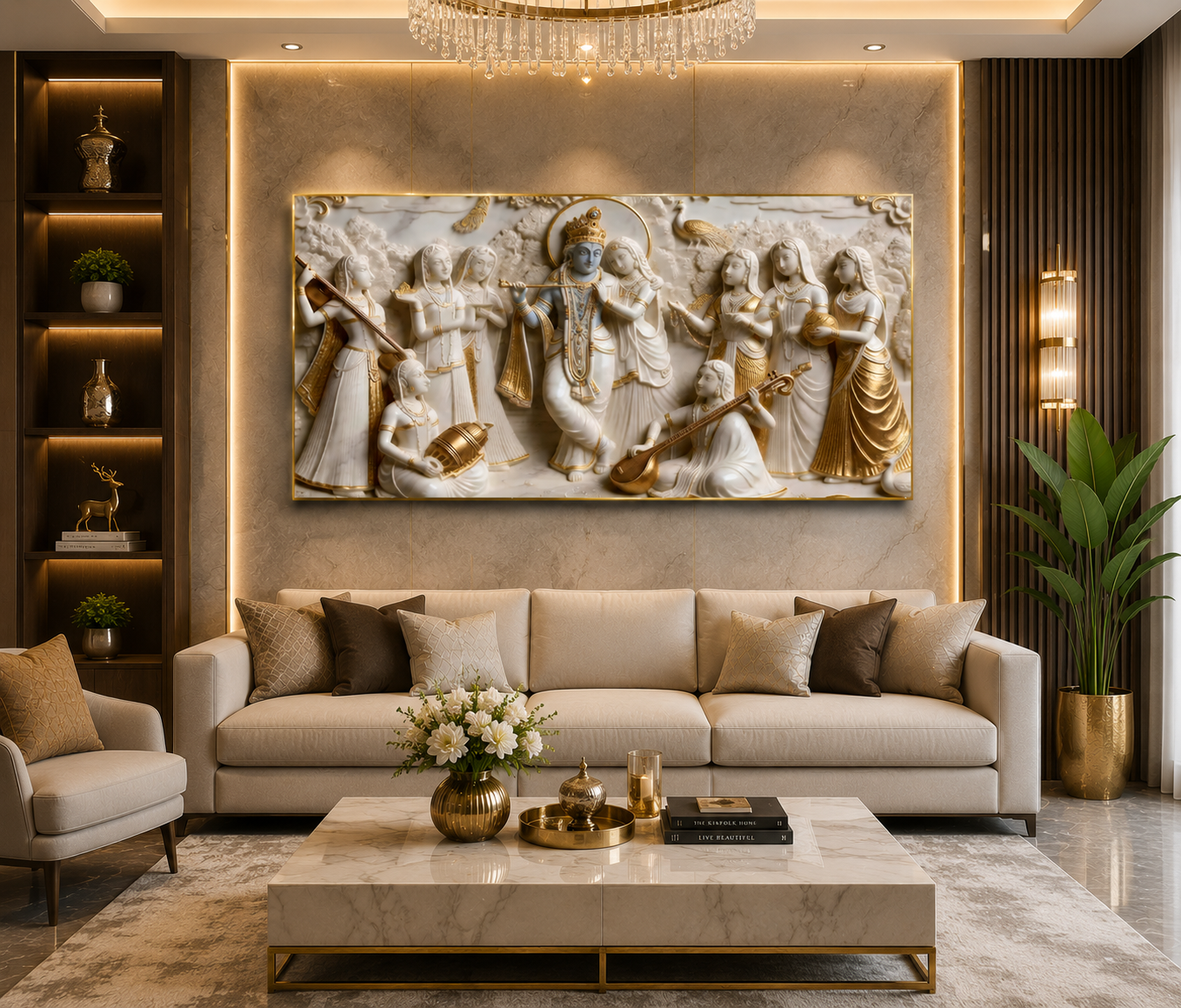Lord Krishna Flute Playing with Radha and Gopis Raas Leela Wall Art Modern Artwork for Luxury Living Room