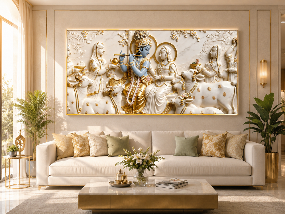Luxurious 3D Sculpted Krishna Playing Bansuri Beside Radha Canvas Art for Living Room