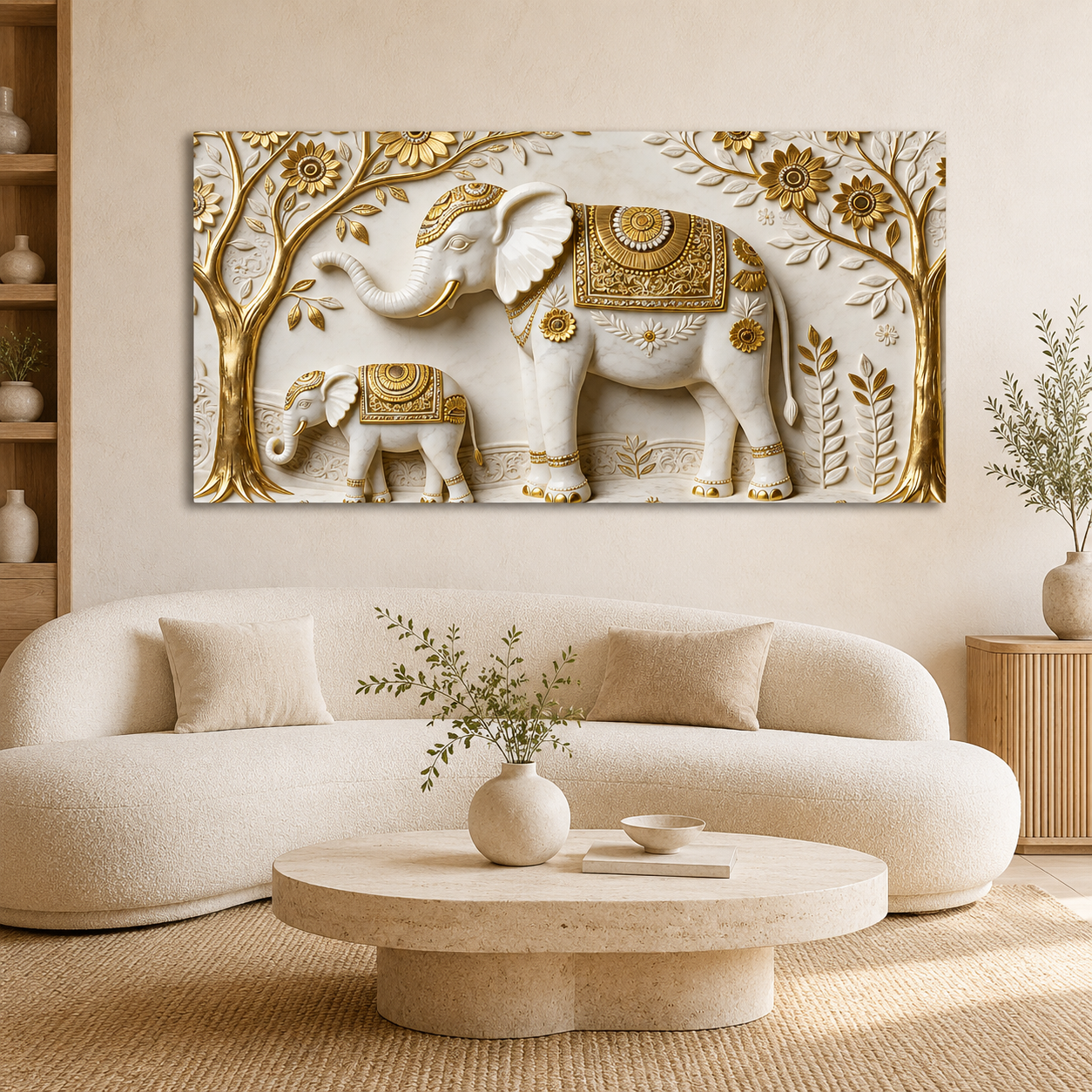 Artistic 3D Elephant Family Embossed Marble Canvas Frame Decor