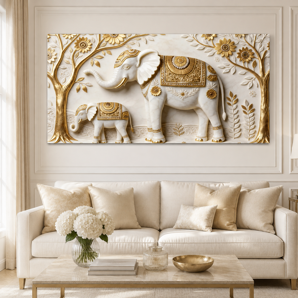 Artistic 3D Elephant Family Embossed Marble Canvas Frame Decor