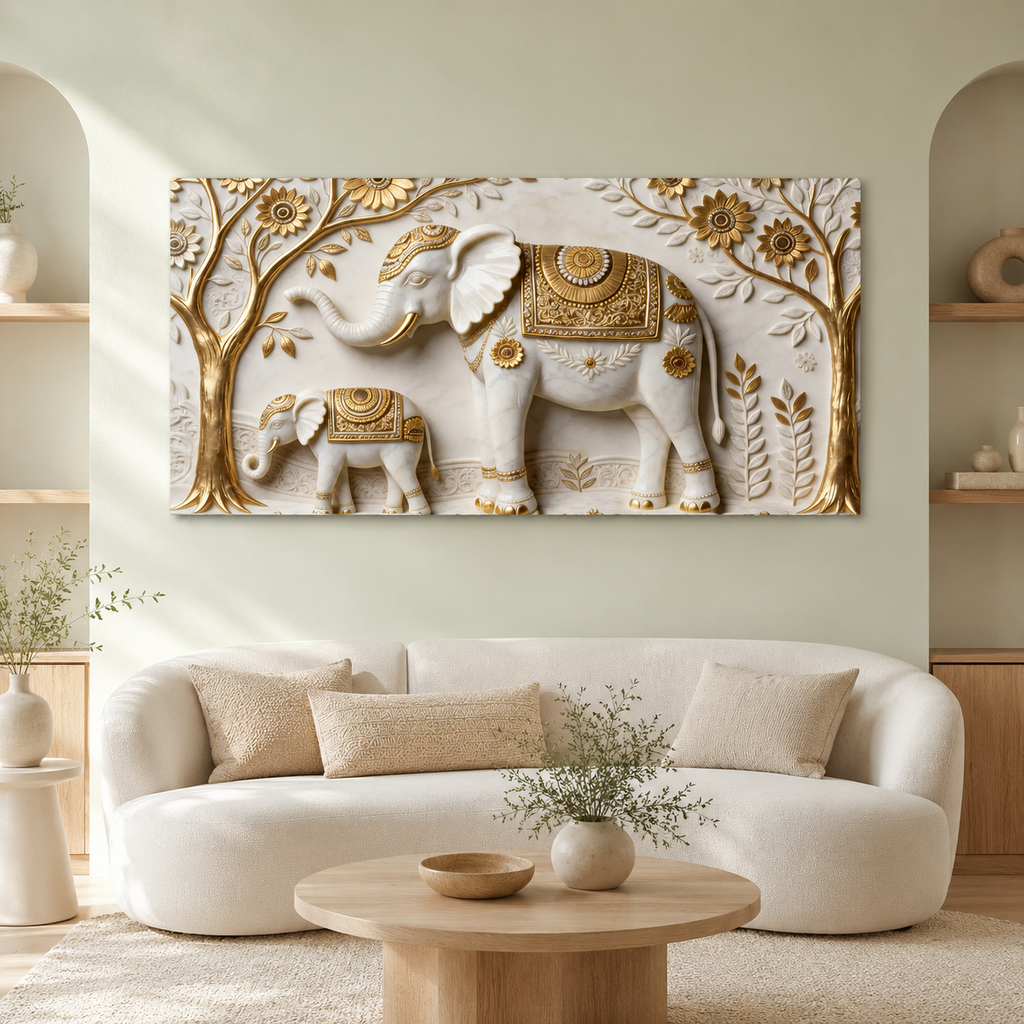 Artistic 3D Elephant Family Embossed Marble Canvas Frame Decor