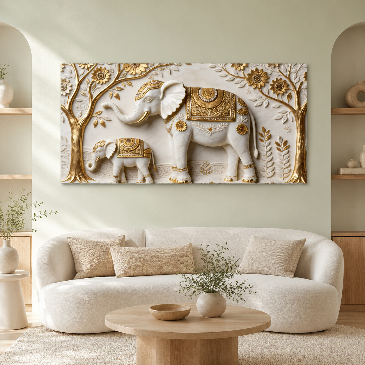 Artistic 3D Elephant Family Embossed Marble Canvas Frame Decor