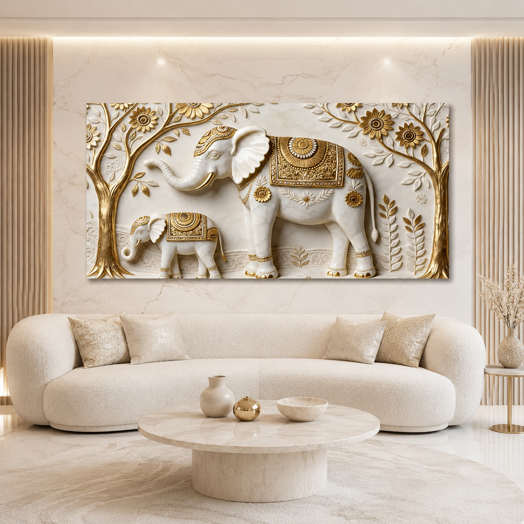 Artistic 3D Elephant Family Embossed Marble Canvas Frame Decor