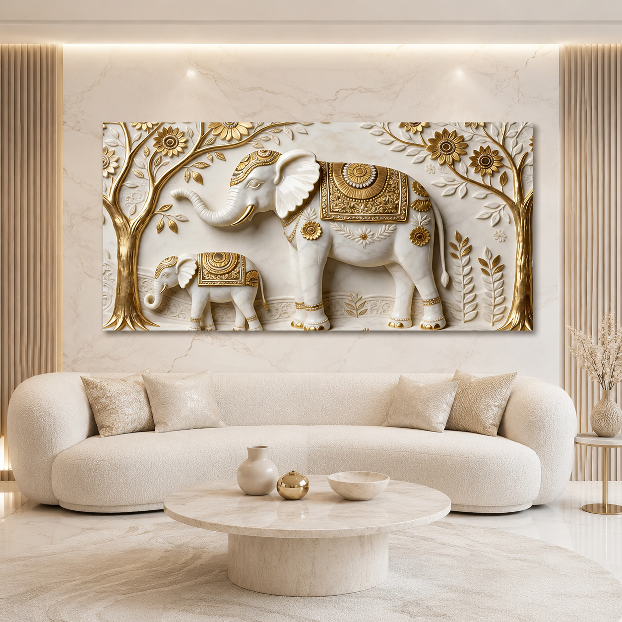 Artistic 3D Elephant Family Embossed Marble Canvas Frame Decor