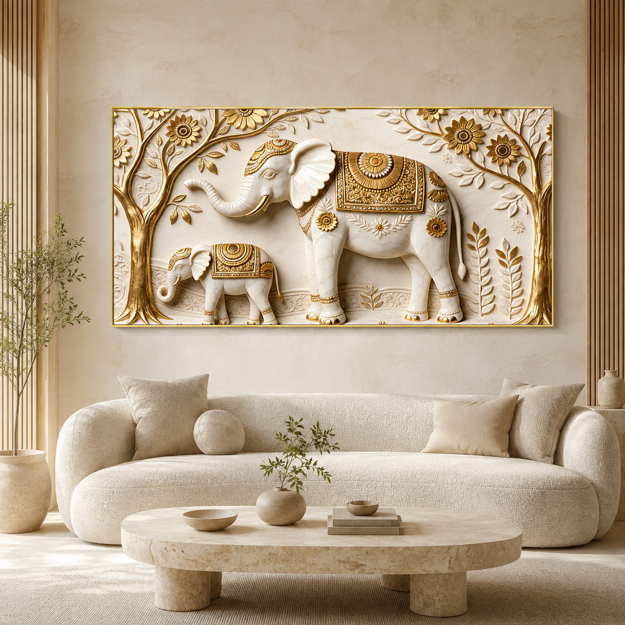 Artistic 3D Elephant Family Embossed Marble Canvas Frame Decor