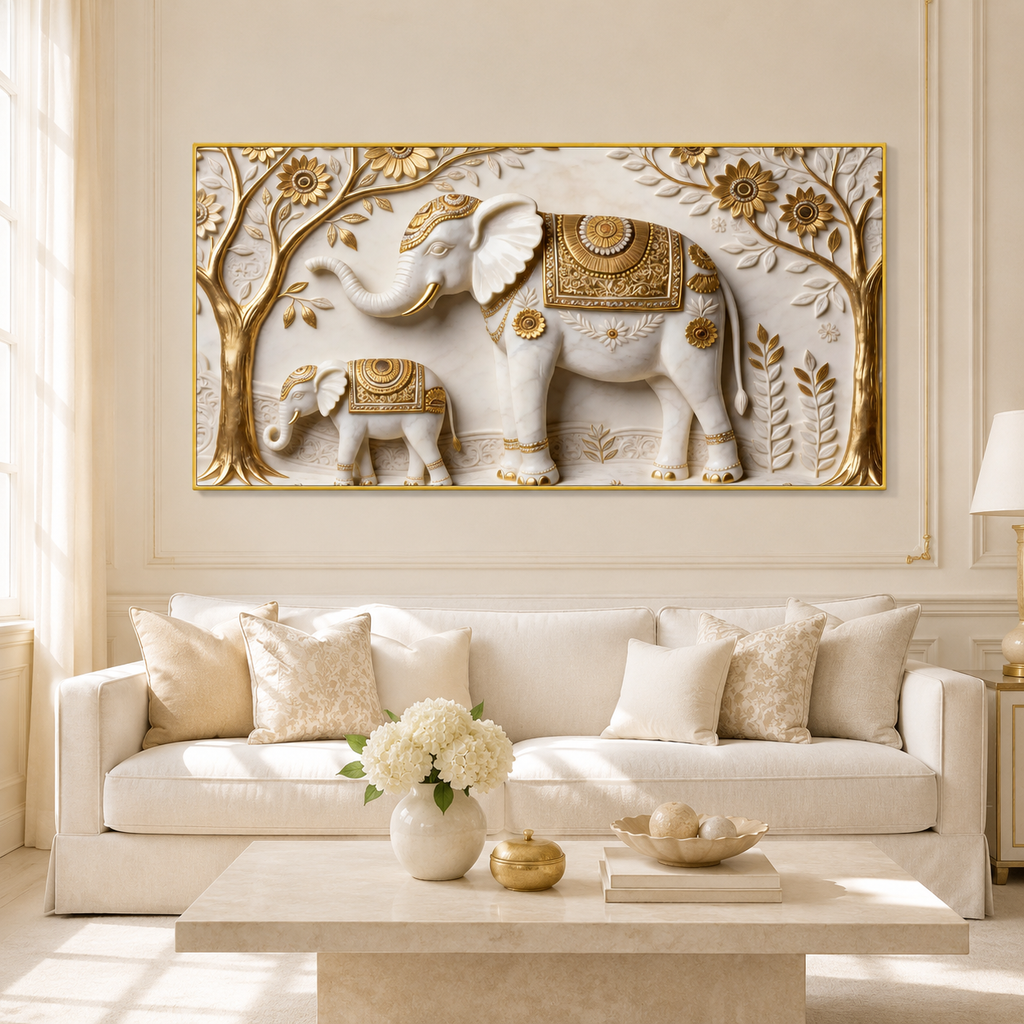 Artistic 3D Elephant Family Embossed Marble Canvas Frame Decor