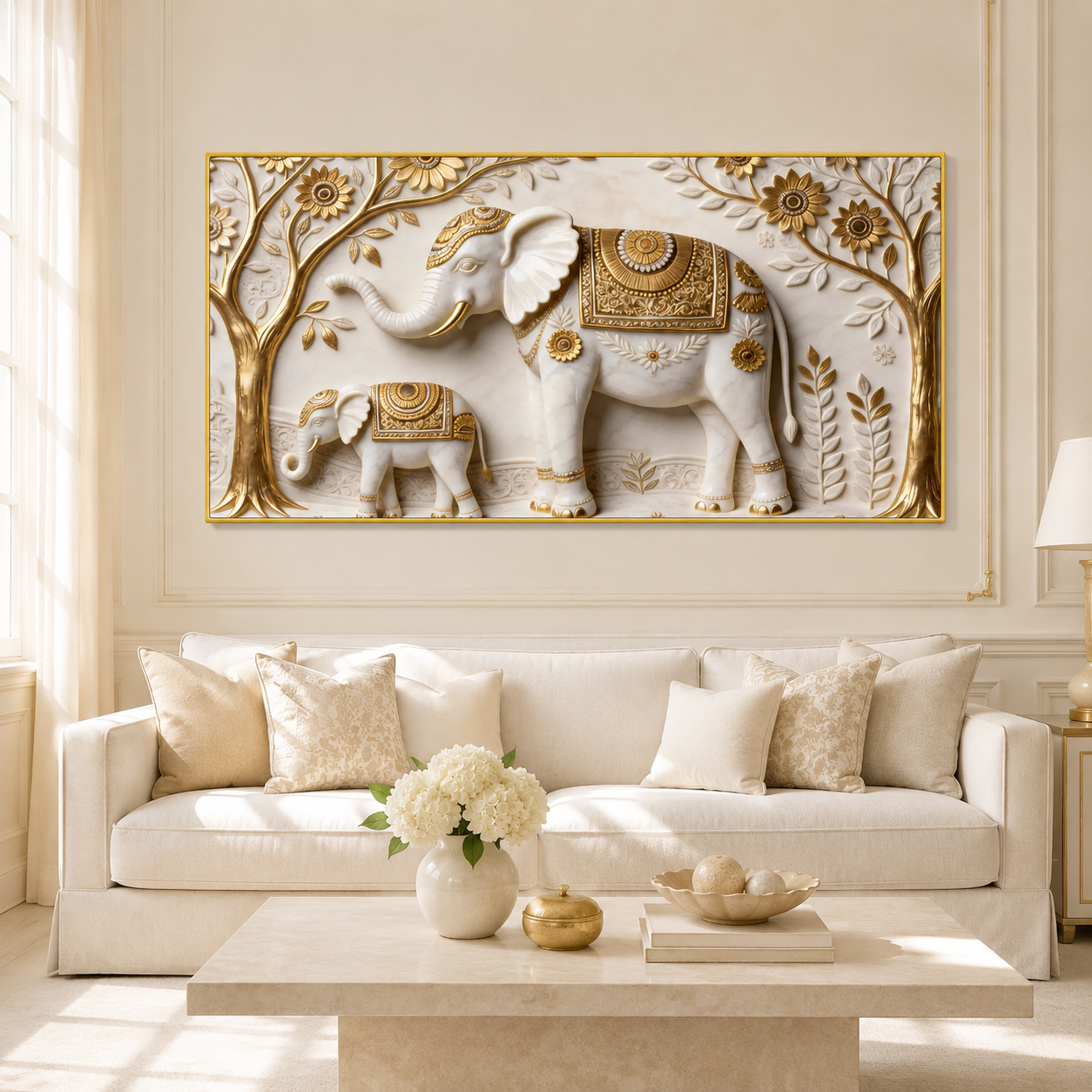 Artistic 3D Elephant Family Embossed Marble Canvas Frame Decor
