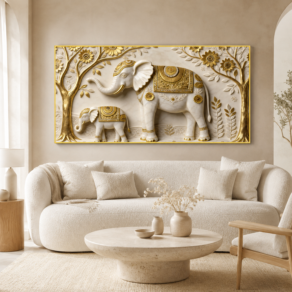 Artistic 3D Elephant Family Embossed Marble Canvas Frame Decor
