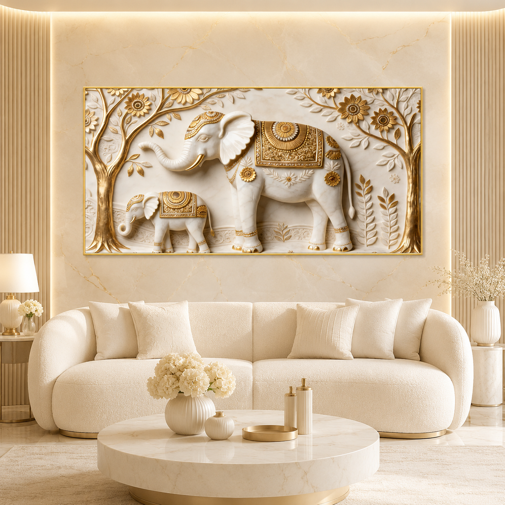Artistic 3D Elephant Family Embossed Marble Canvas Frame Decor