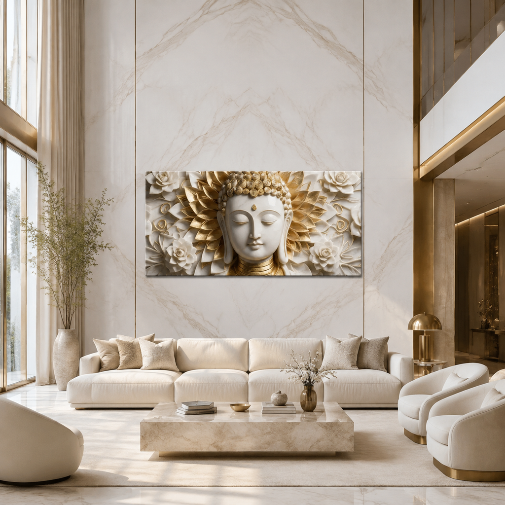 Divine Lord Buddha with Golden Lotus Frame Canvas Print for Home Interior