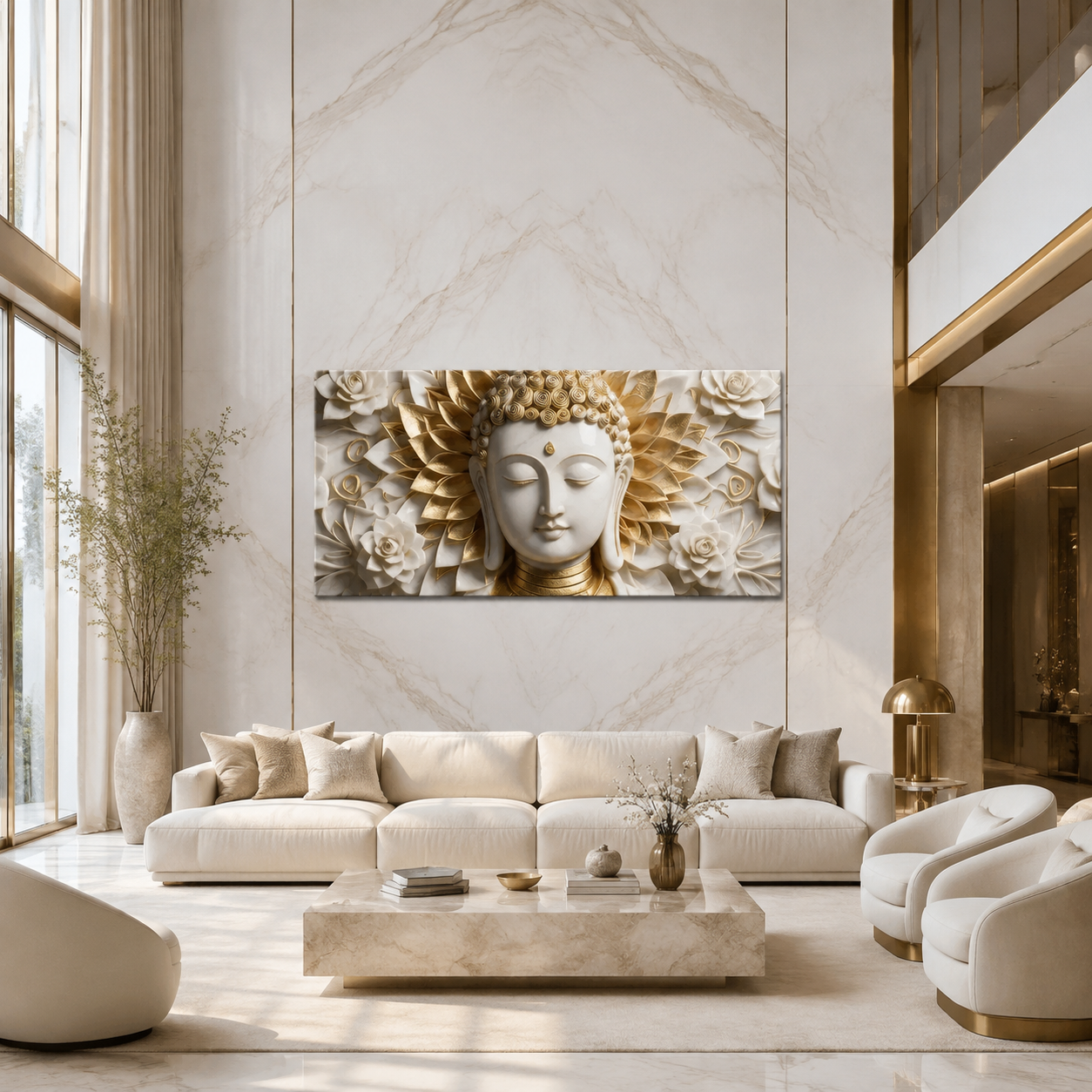 Divine Lord Buddha with Golden Lotus Frame Canvas Print for Home Interior