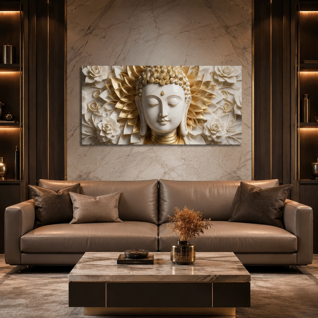 Divine Lord Buddha with Golden Lotus Frame Canvas Print for Home Interior