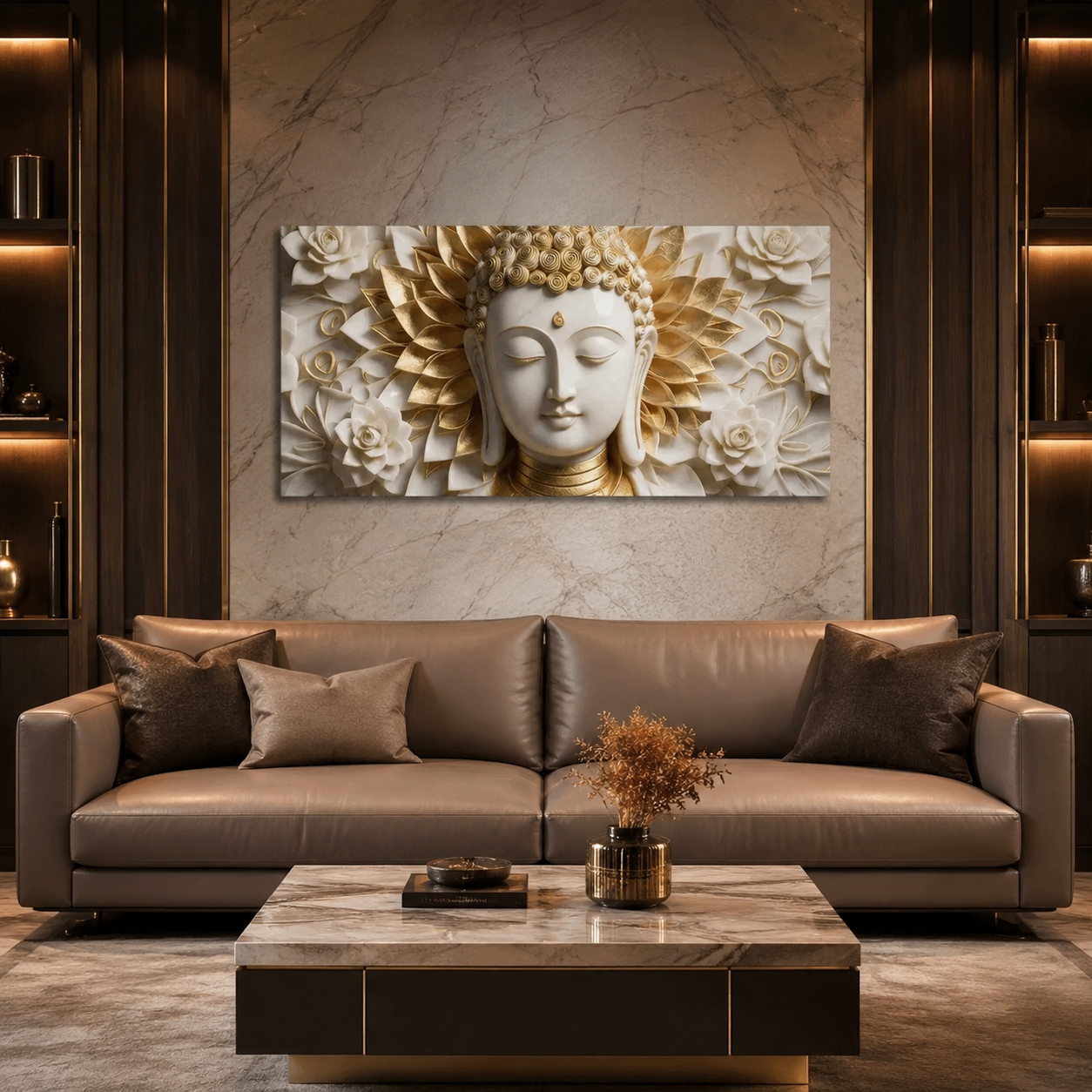 Divine Lord Buddha with Golden Lotus Frame Canvas Print for Home Interior