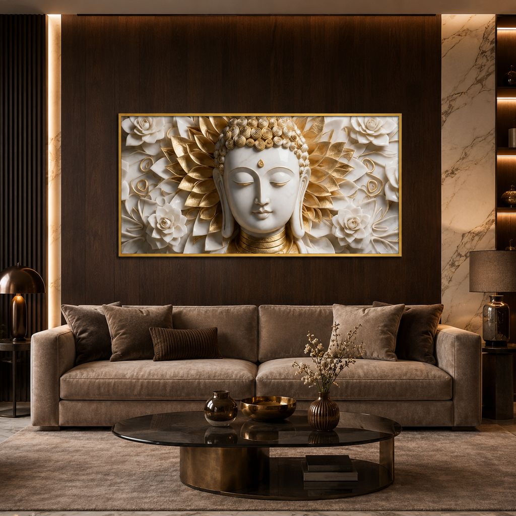 Divine Lord Buddha with Golden Lotus Frame Canvas Print for Home Interior