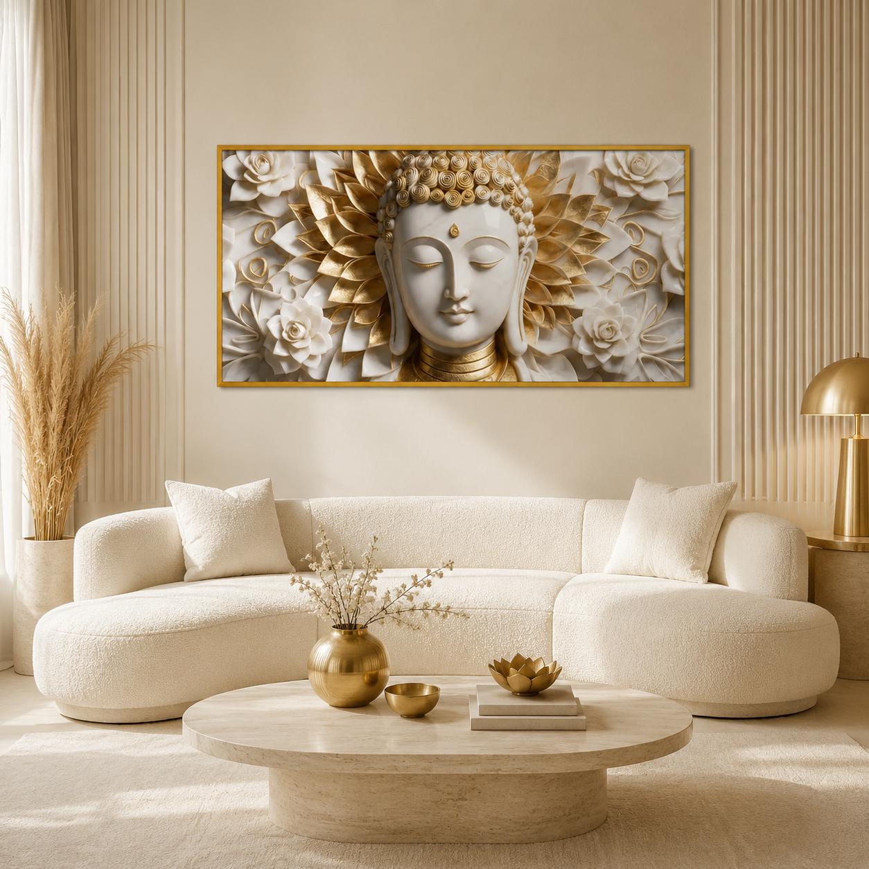 Divine Lord Buddha with Golden Lotus Frame Canvas Print for Home Interior
