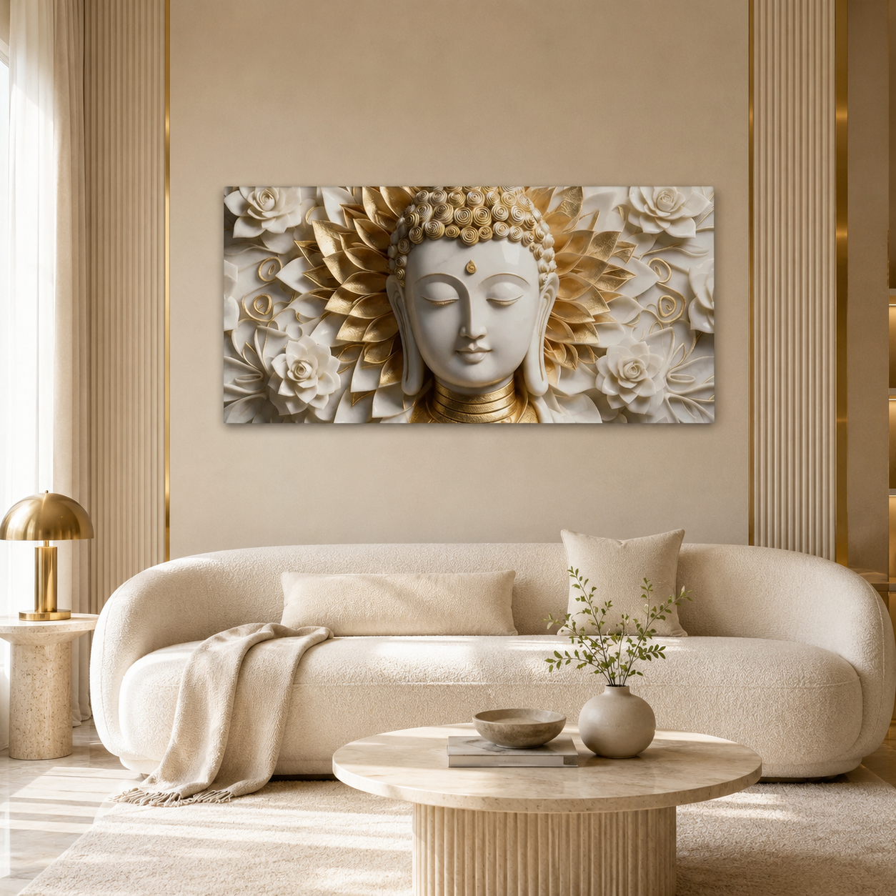 Divine Lord Buddha with Golden Lotus Frame Canvas Print for Home Interior