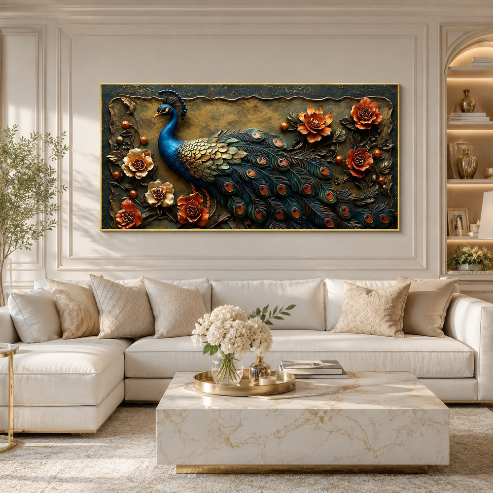 Beautiful 3D Peacock Wall Painting with Vibrant Tail Feathers, Flowers and Premium Artistic Design