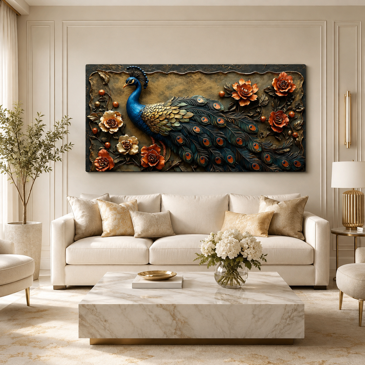 Beautiful 3D Peacock Wall Painting with Vibrant Tail Feathers, Flowers and Premium Artistic Design