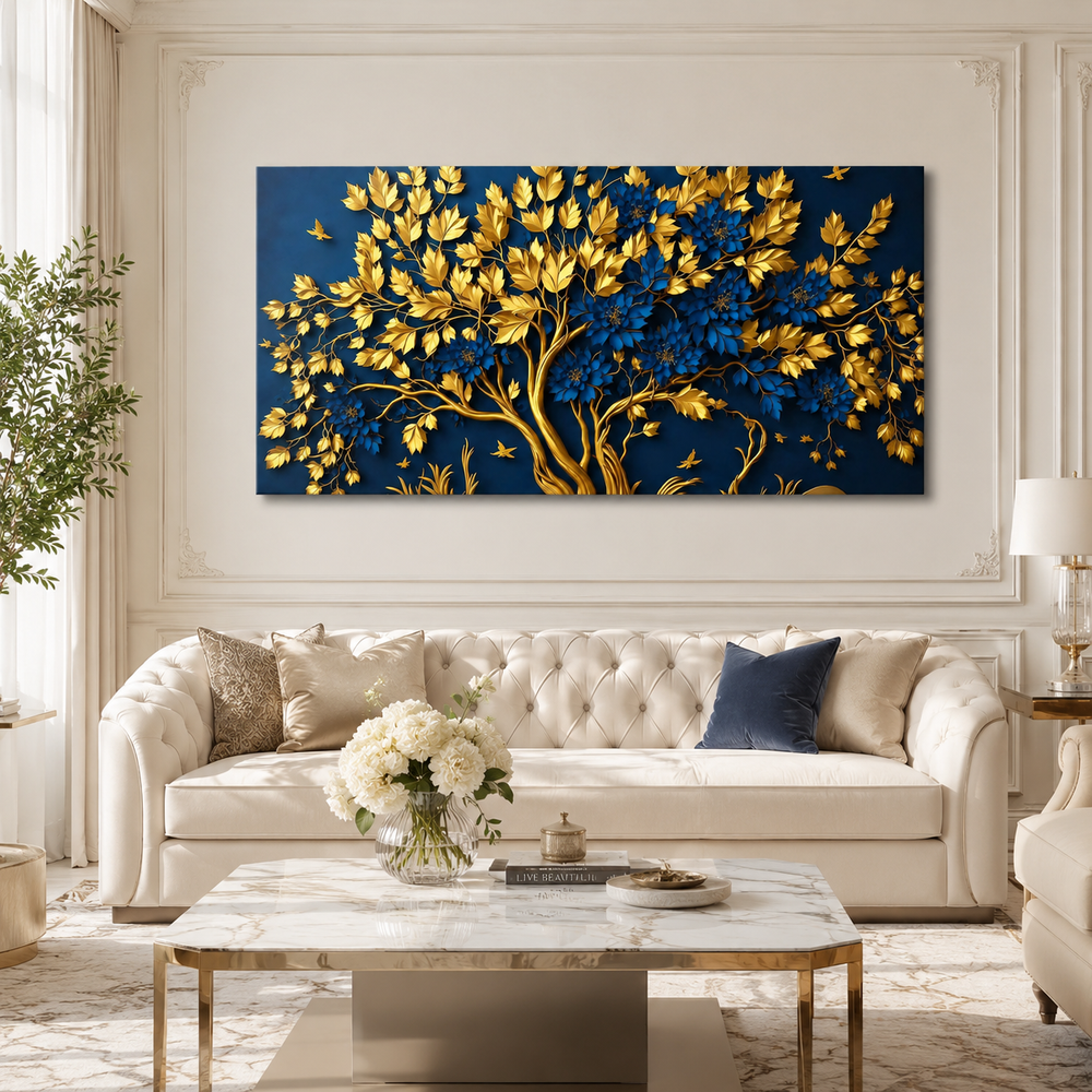 Beautiful 3D Golden Tree Wall Art with Blue Flowers, Golden Branches and Luxury Nature Artwork