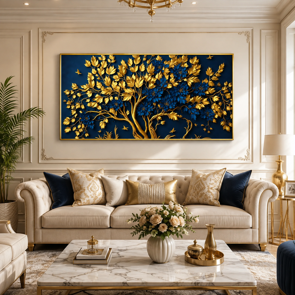 Beautiful 3D Golden Tree Wall Art with Blue Flowers, Golden Branches and Luxury Nature Artwork